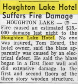 Houghton Lake Hotel - Nov 1960 Article On Fire